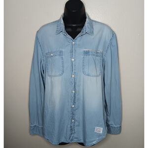 Adam Levine Women's Small Band Shirt Blouse Blue Chambray Button Up Maroon 5